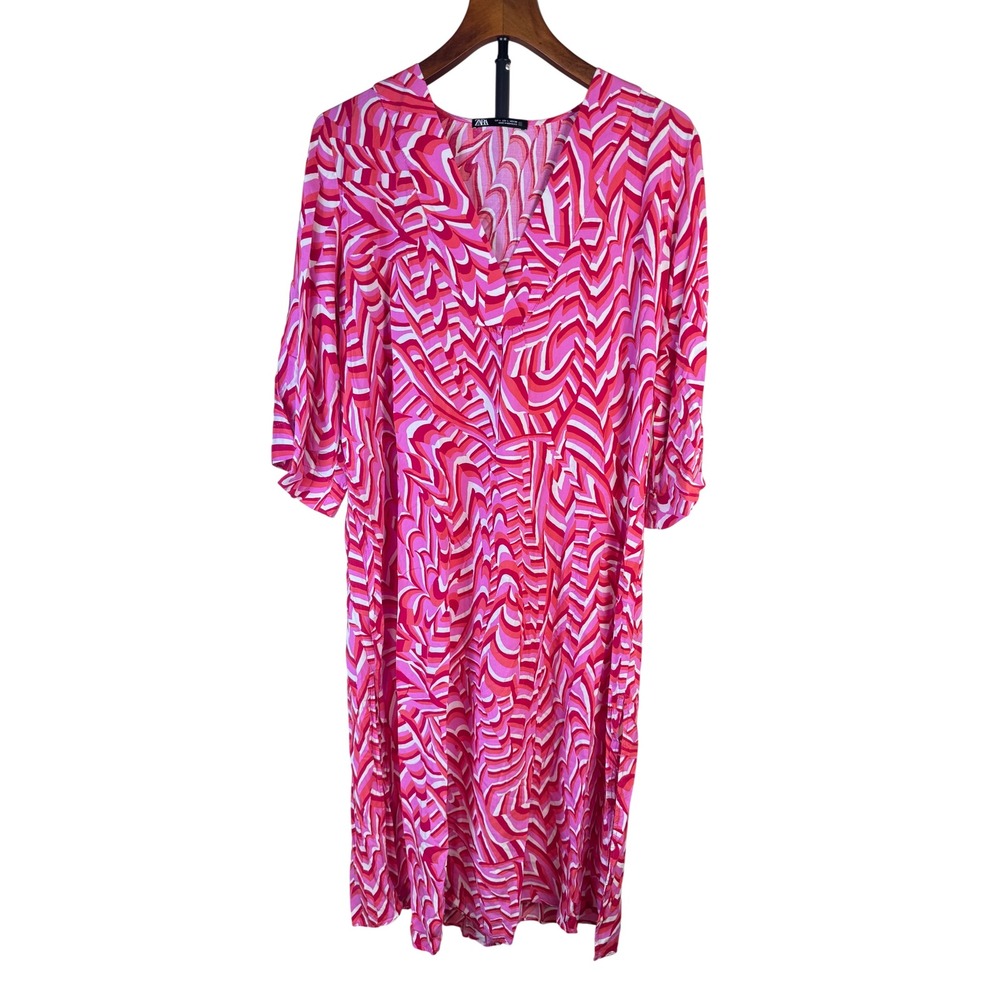 Zara Pink Red Psychedelic‎ Geometric V-Neck Midi Dress Side Slits Womens Large